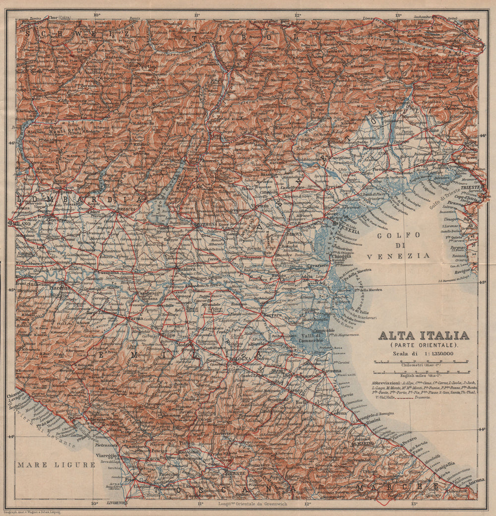 ALTA ITALIA (PARTE ORIENTALE). North East Italy mappa. BAEDEKER 1903 old