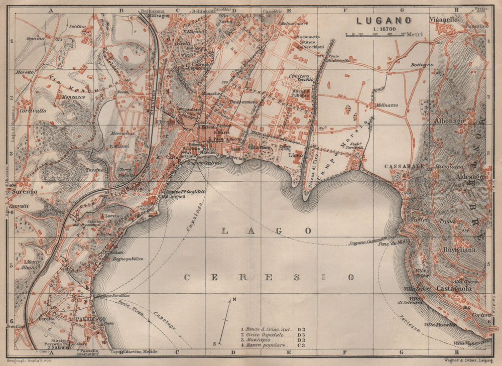 LUGANO antique town city stadtplan. Switzerland carte karte. BAEDEKER 1906 map