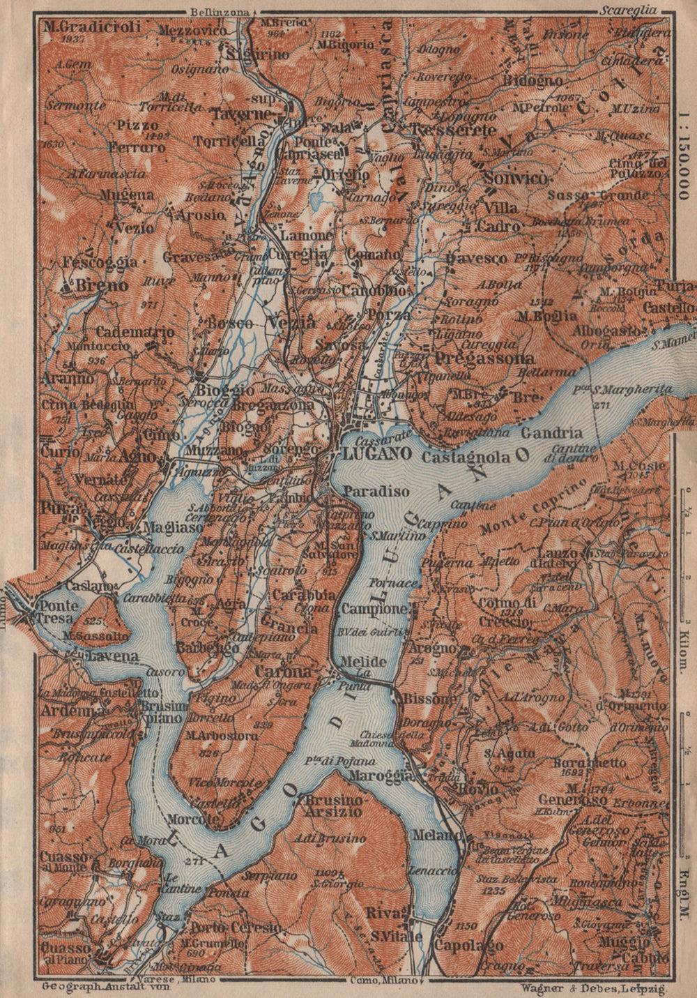 LAKE/Lago di LUGANO topo-map. Switzerland Italy Italia carte karte 1906