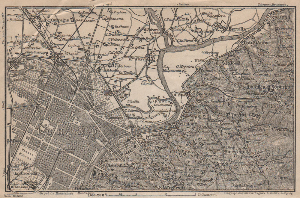 TURIN TORINO eastern environs. Italy mappa. BAEDEKER 1906 old antique