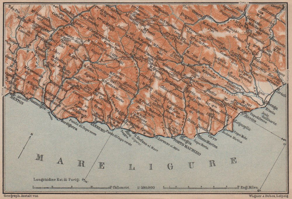 RIVIERA DI PONENTE. Menton-Ventimiglia-Sanremo-Imperia-Albenga. Italy 1906 map