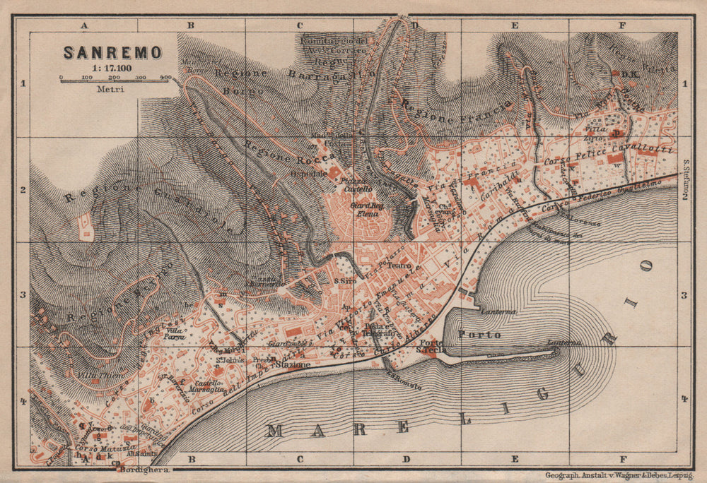 SANREMO town city plan piano urbanistico. San Remo. Italy mappa 1906 old