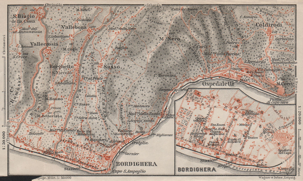 BORDIGHERA antique town city plan & environs. Ospedaletti. Italy mappa 1906