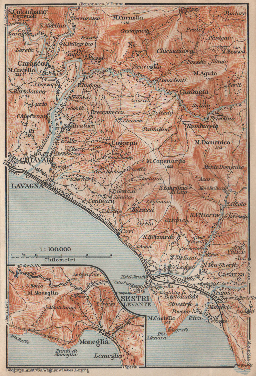 LAVAGNA, CHIAVARI & SESTRI-LEVANTE environs. Moneglia Liguria. BAEDEKER 1906 map