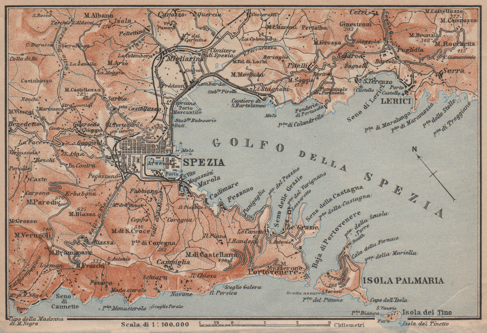 GOLFO DELLA SPEZIA. La Spezia environs. Lerici isola Palmaria. Italy 1906 map