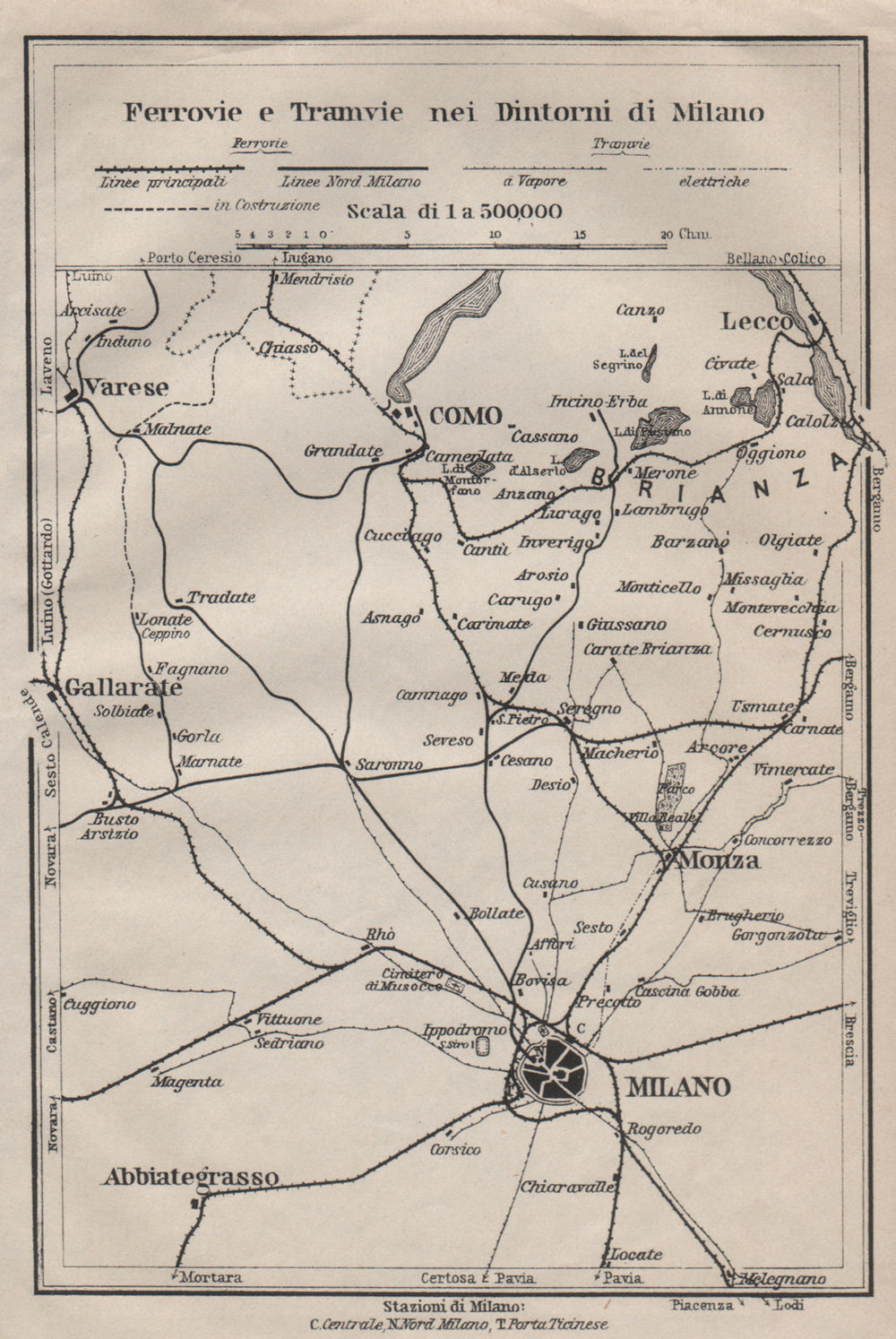 FERROVIE E TRAMWAYS NEI DINTORNI DI MILANO. Railways Como Lecco Monza 1906 map