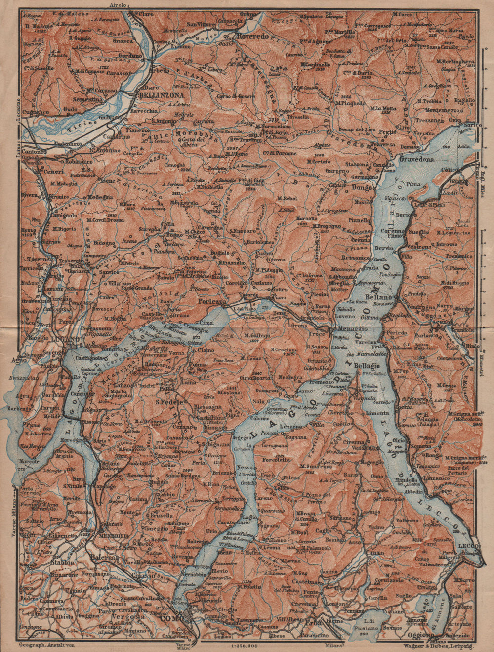 LAKES OF/Lago di COMO, LUGANO & LECCO. Bellinzona mappa. BAEDEKER 1906 old