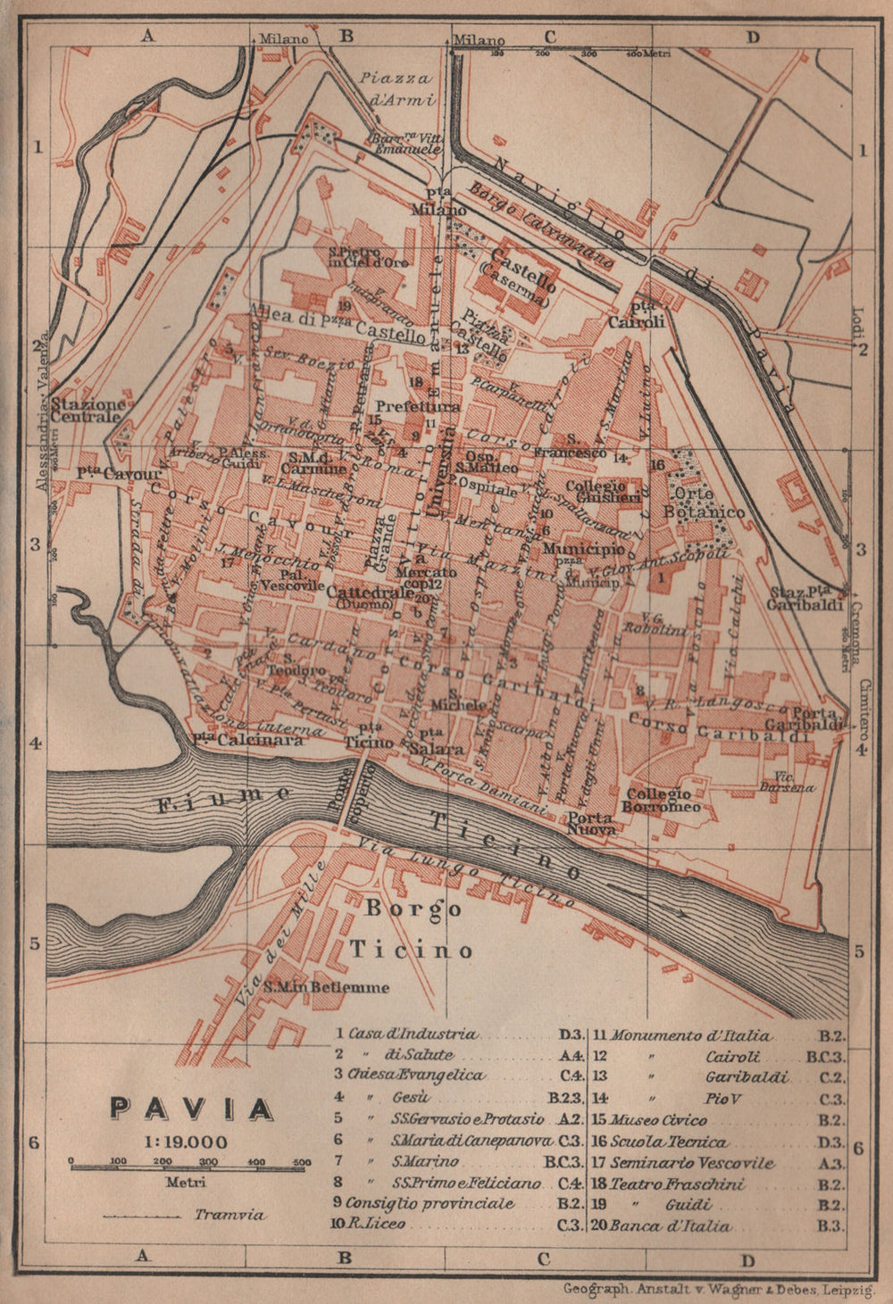 PAVIA antique town city plan piano urbanistico. Italy mappa. BAEDEKER 1906