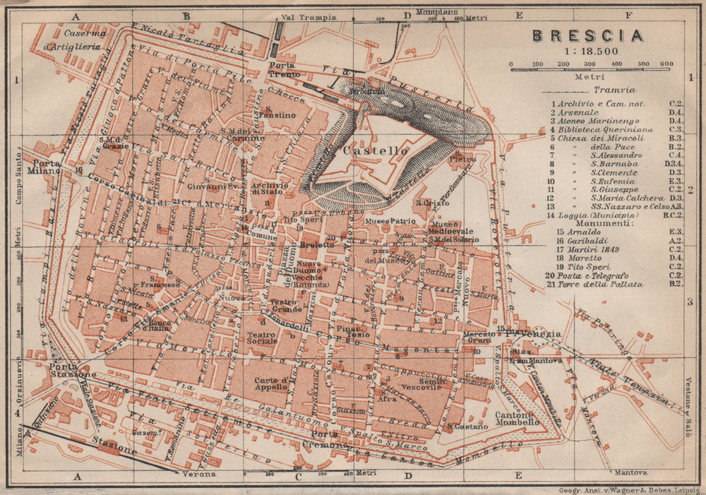 BRESCIA antique town city plan piano urbanistico. Italy mappa 1906 old