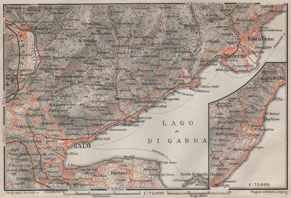 SALO MADERNO GARGNANO environs. Lago di/Lake Garda. Brescia. BAEDEKER 1906 map