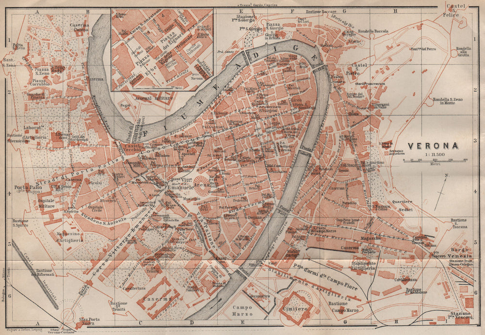 VERONA antique town city plan piano urbanistico. Italy mappa. BAEDEKER 1906