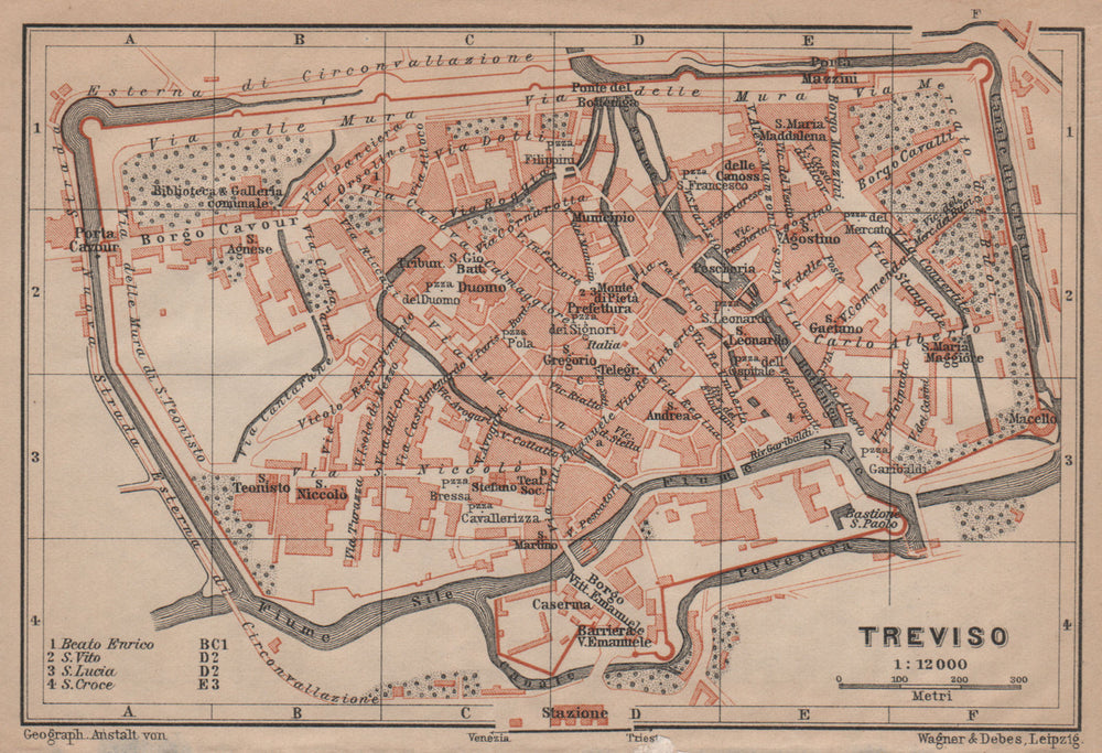 TREVISO antique town city plan piano urbanistico. Italy mappa 1906 old