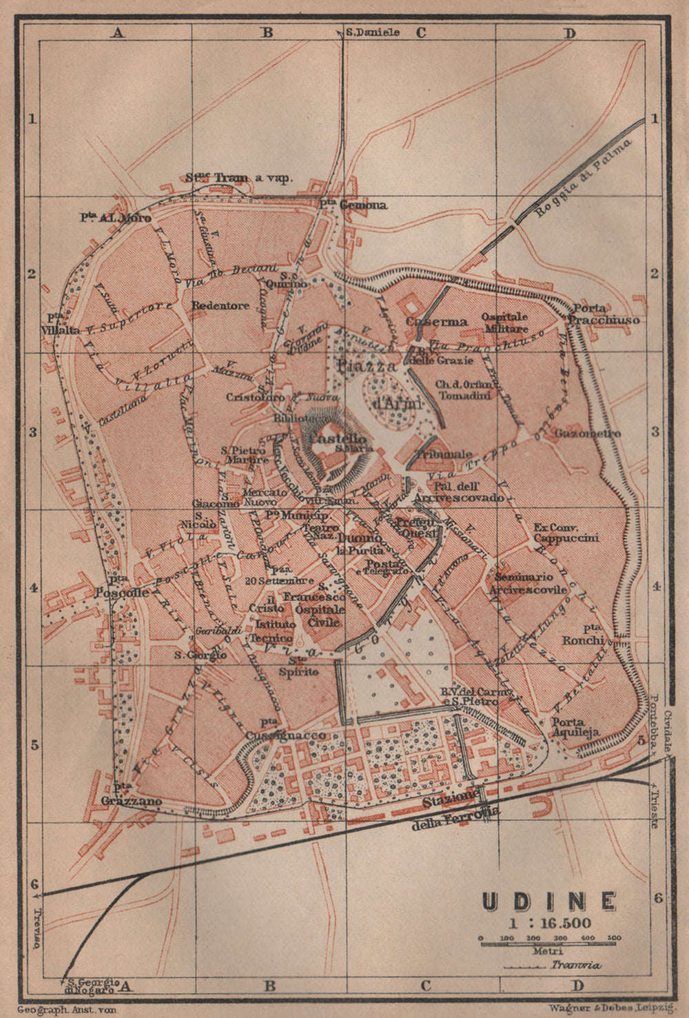 UDINE antique town city plan piano urbanistico. Italy mappa. BAEDEKER 1906