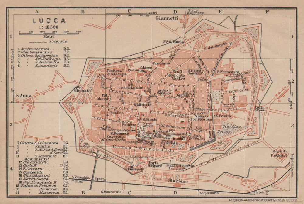 LUCCA antique town city plan piano urbanistico. Italy mappa. BAEDEKER 1906