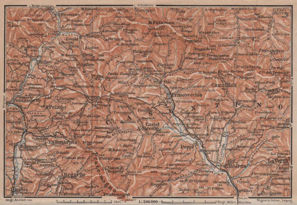 VALLOMBROSA & CAMALDOLI environs. Reggello Casentino. Topo-map. Italy 1906