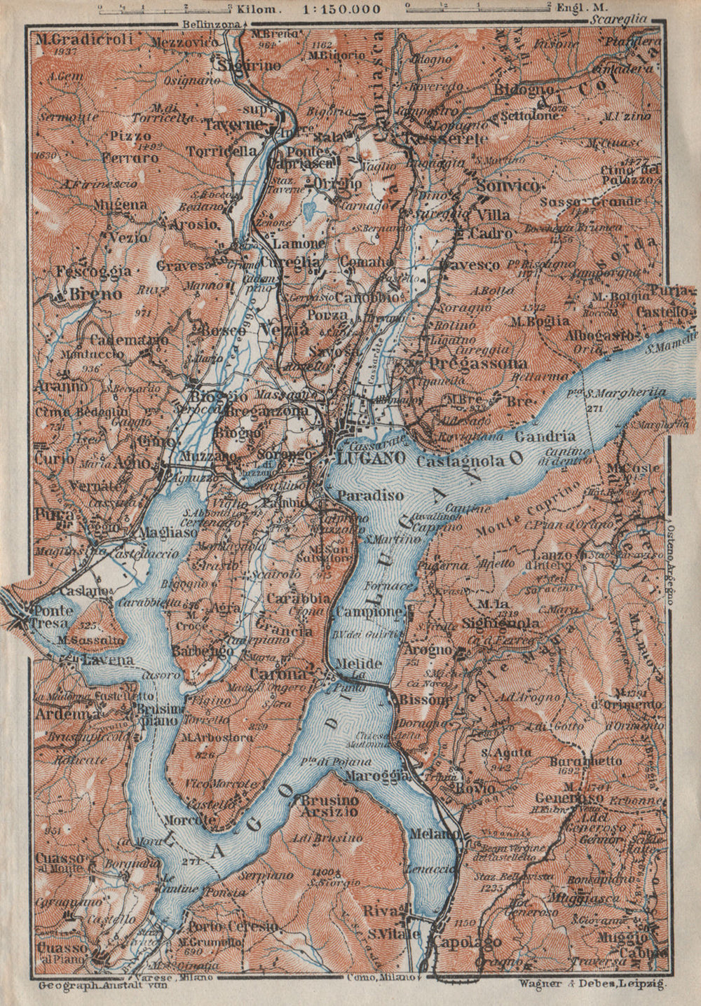 LAKE/Lago di LUGANO topo-map. Switzerland Italy Italia carte karte 1913