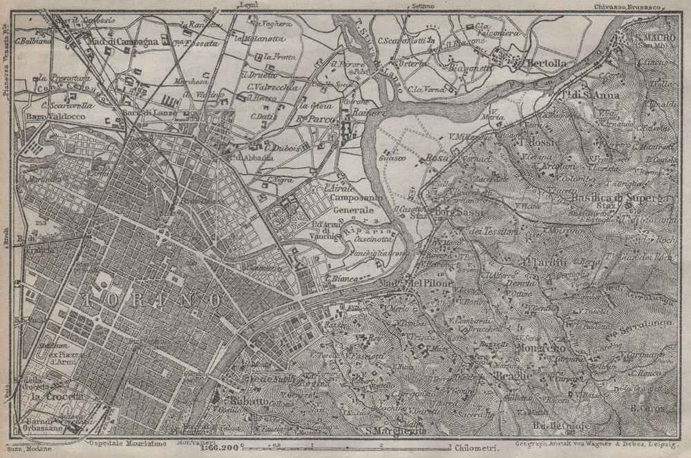 TURIN TORINO eastern environs. Italy mappa. BAEDEKER 1913 old antique