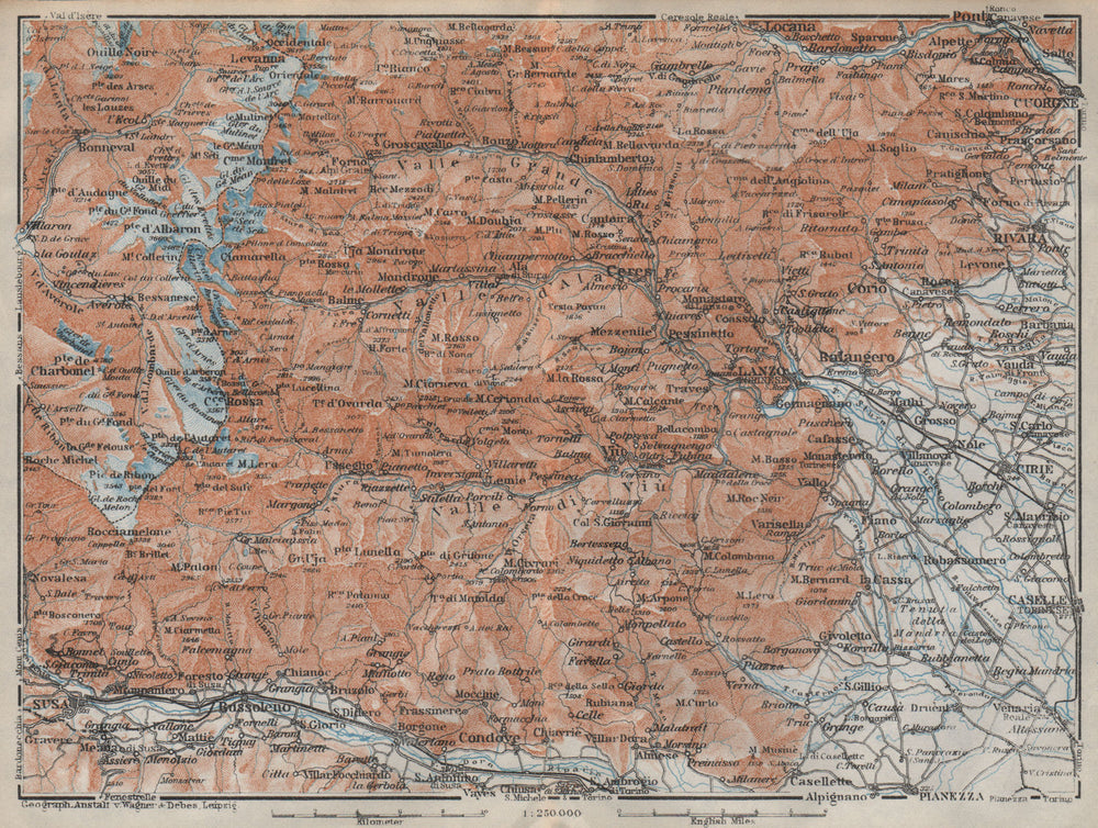 SOUTHERN GRAIAN ALPS. Stura valleys. Susa Lanzo Piedmont. BAEDEKER 1913 map