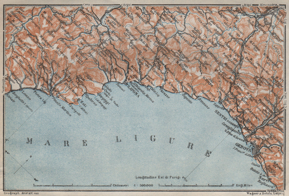 RIVIERA DI PONENTE. Genoa Genova-Arenzano-Varazze-Savona-Loana. Italy 1913 map