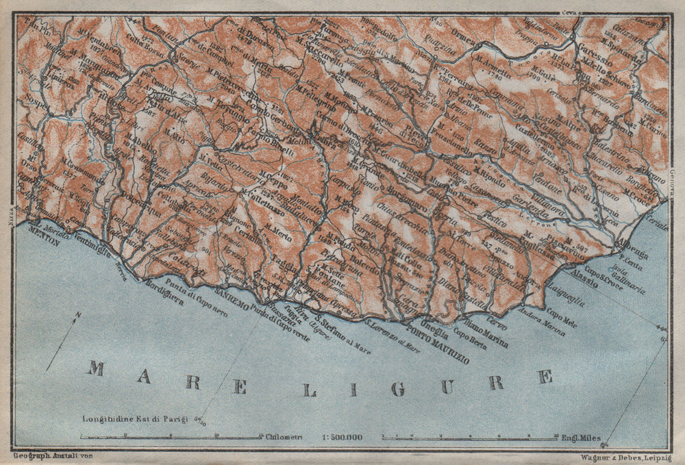 RIVIERA DI PONENTE. Menton-Ventimiglia-Sanremo-Imperia-Albenga. Italy 1913 map