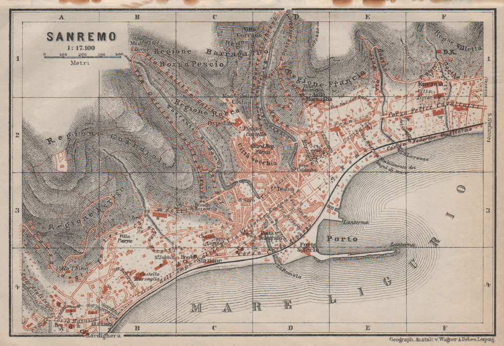 SANREMO town city plan piano urbanistico. San Remo. Italy mappa 1913 old