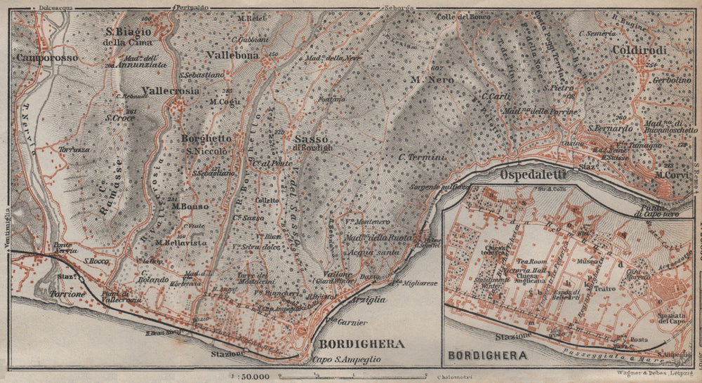 BORDIGHERA antique town city plan & environs. Ospedaletti. Italy mappa 1913