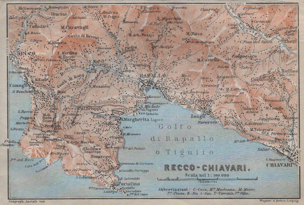 GOLFO DI RAPALLO Portofino Camogli Chiavari S. Margherita Ligure Italy 1913 map