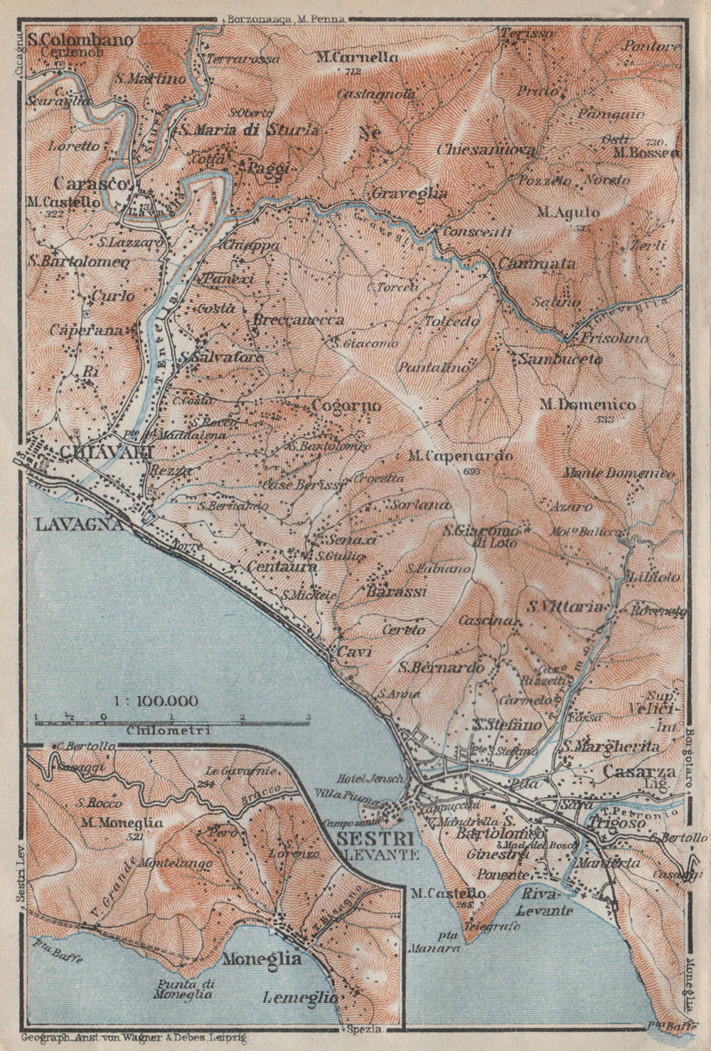 LAVAGNA, CHIAVARI & SESTRI-LEVANTE environs. Moneglia Liguria. BAEDEKER 1913 map