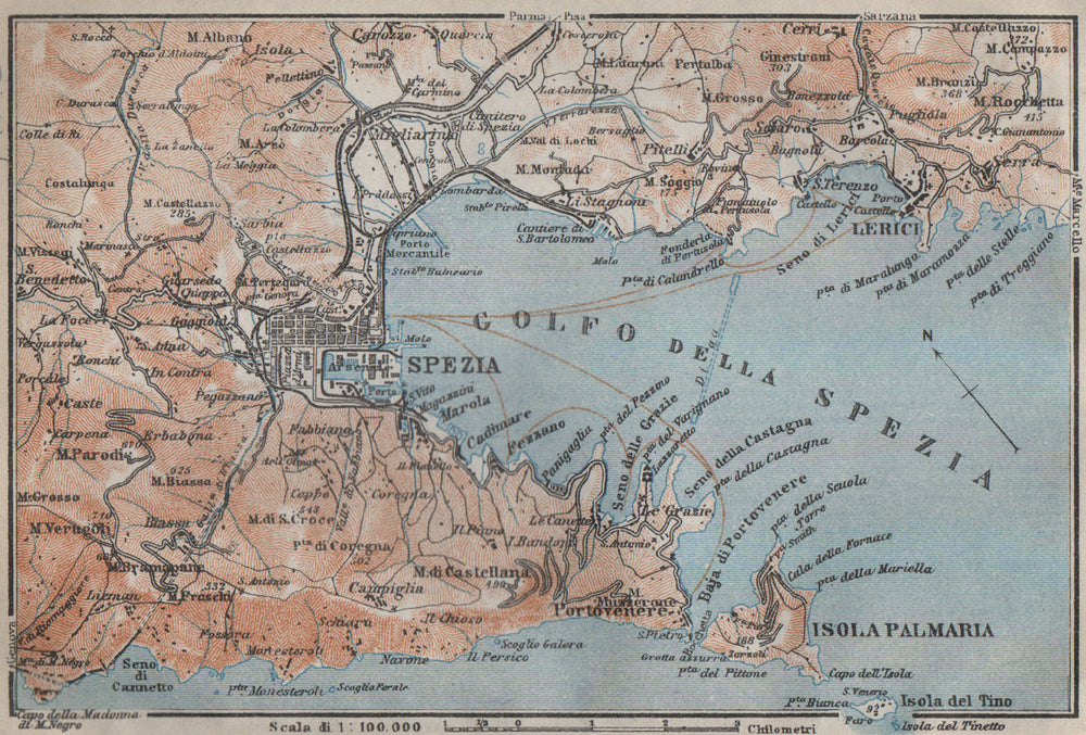 GOLFO DELLA SPEZIA. La Spezia environs. Lerici isola Palmaria. Italy 1913 map