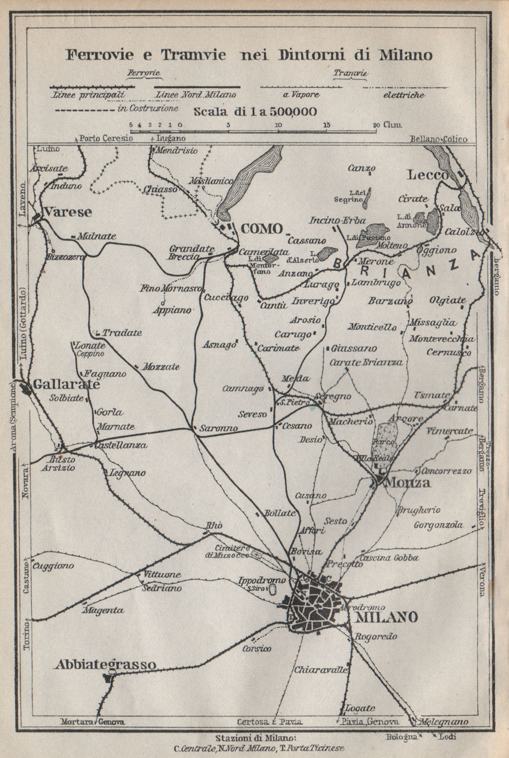 FERROVIE E TRAMWAYS NEI DINTORNI DI MILANO. Railways Como Lecco Monza 1913 map