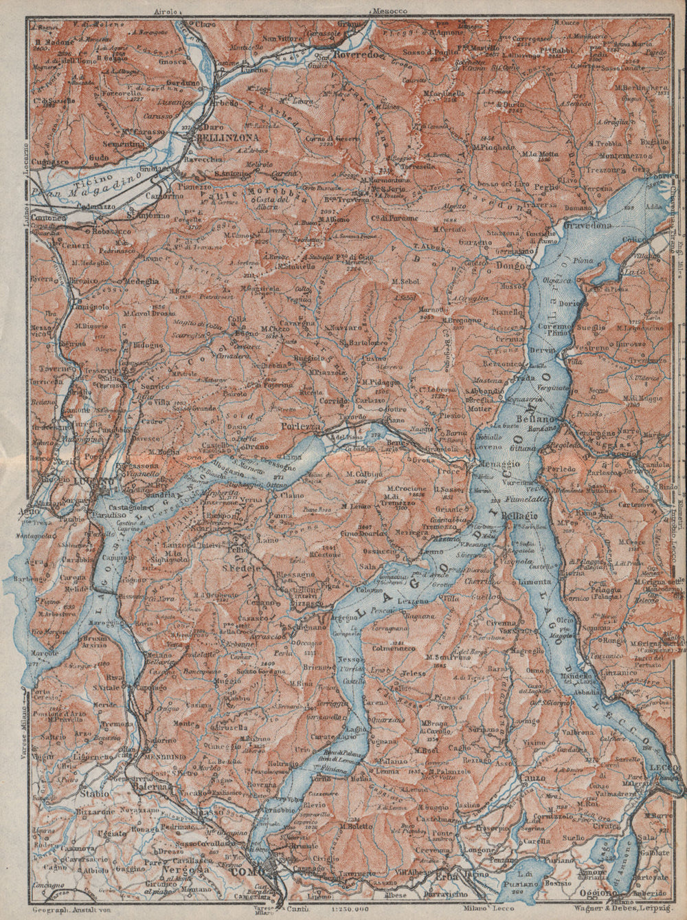 LAKES OF/Lago di COMO, LUGANO & LECCO. Bellinzona mappa. BAEDEKER 1913 old