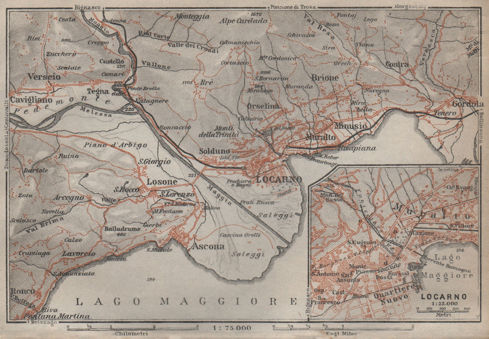 LOCARNO area. Losone Gordola Muralto Brione. Switzerland Suisse Schweiz 1913 map