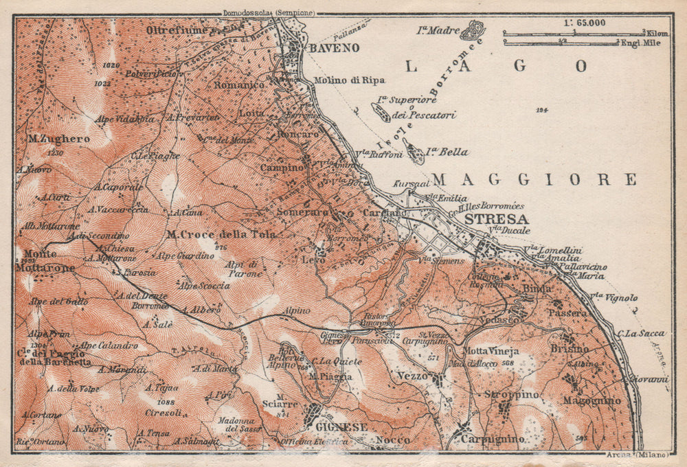 SESTRA environs. Baveno Gignese. Lago Maggiore. Italy mappa. BAEDEKER 1913