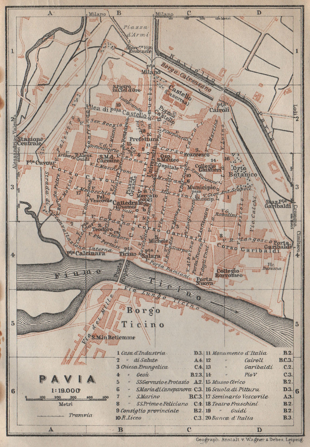 PAVIA antique town city plan piano urbanistico. Italy mappa. BAEDEKER 1913