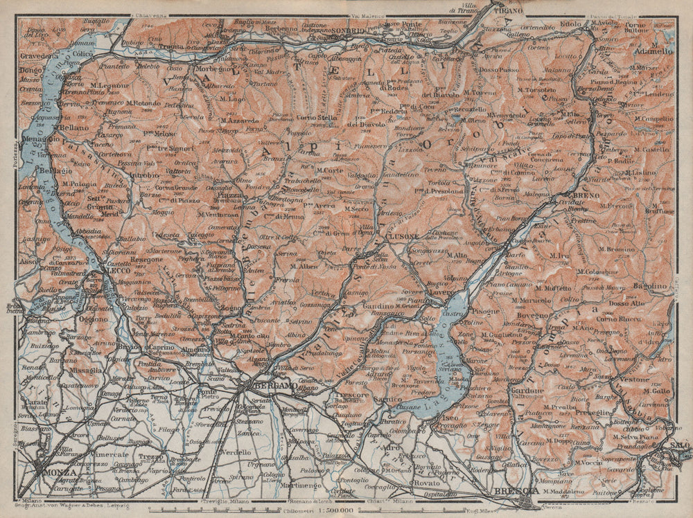 BERGAMASQUE & BRESCIAN ALPS. Bergamo Lago d'Iseo Lecco Como Alpi Orobie 1913 map