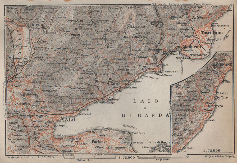 SALO MADERNO GARGNANO environs. Lago di/Lake Garda. Brescia. BAEDEKER 1913 map