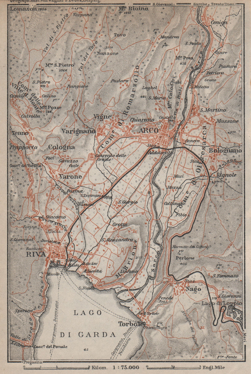 ARCO & RIVA DEL GARDA environs. Trento, Italy Italia. Bolognano mappa 1913