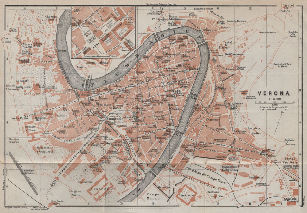 VERONA antique town city plan piano urbanistico. Italy mappa. BAEDEKER 1913