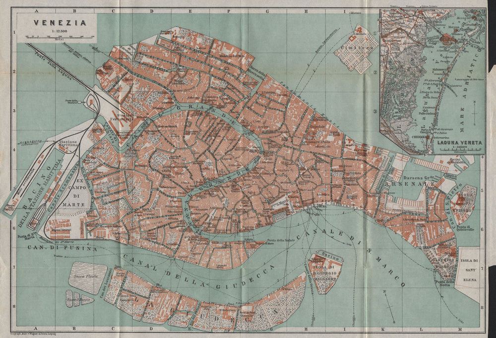 VENEZIA VENICE town city plan. Inset Lagune Venete. Lagoon mappa 1913 old
