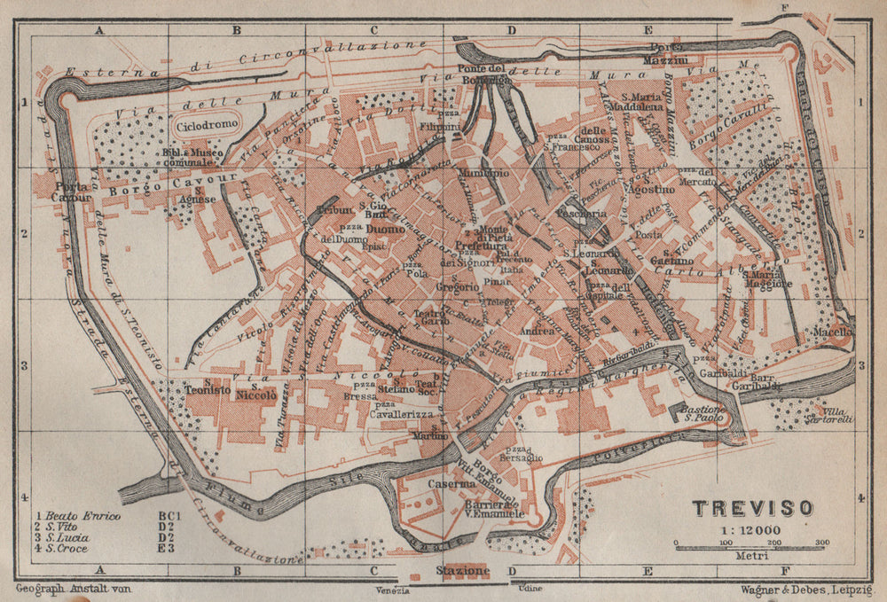 TREVISO antique town city plan piano urbanistico. Italy mappa 1913 old