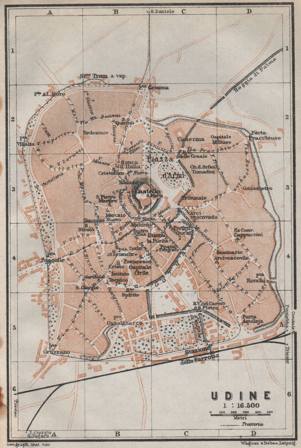 UDINE antique town city plan piano urbanistico. Italy mappa. BAEDEKER 1913