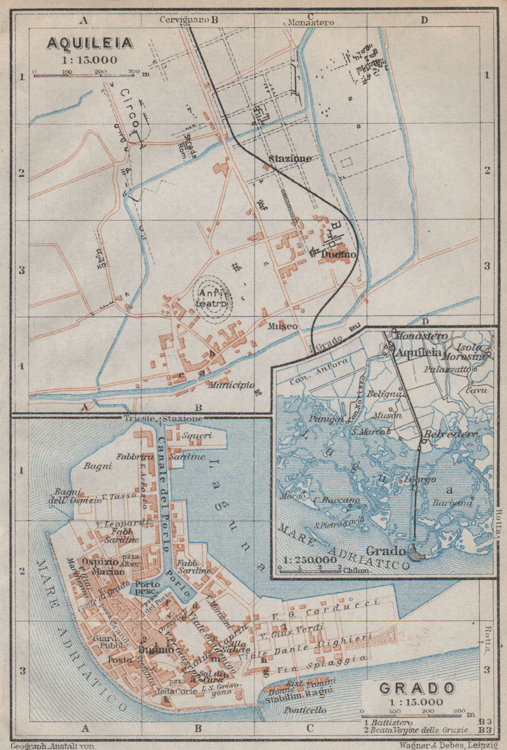 GRADO & AQUILEIA antique toen city plan piano urbanistico. Italy mappa 1913