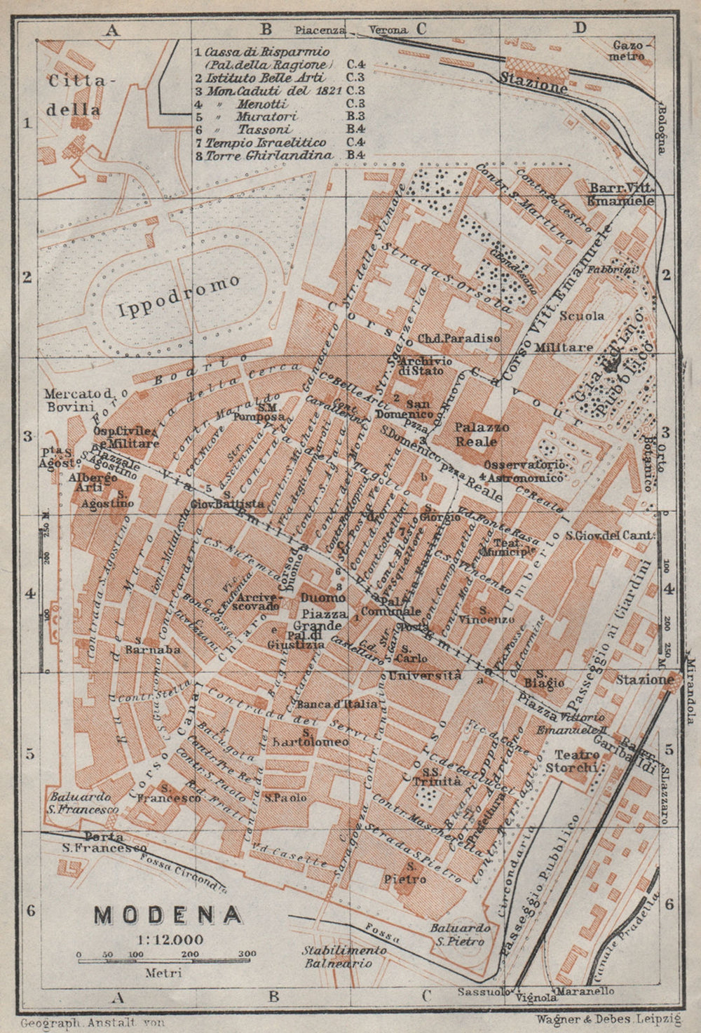 MODENA antique town city plan piano urbanistico. Italy mappa. BAEDEKER 1913
