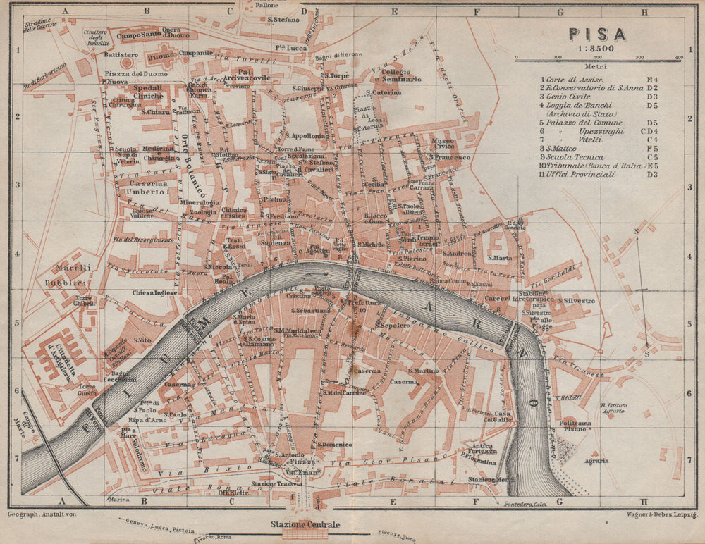 PISA antique town city plan piano urbanistico. Italy mappa. BAEDEKER 1913