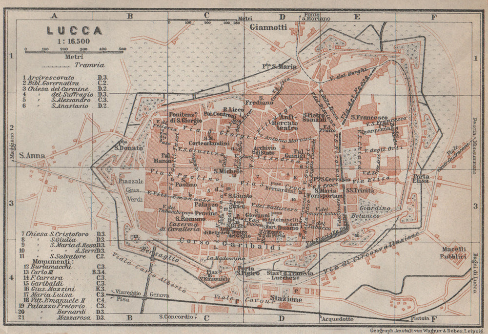 LUCCA antique town city plan piano urbanistico. Italy mappa. BAEDEKER 1913