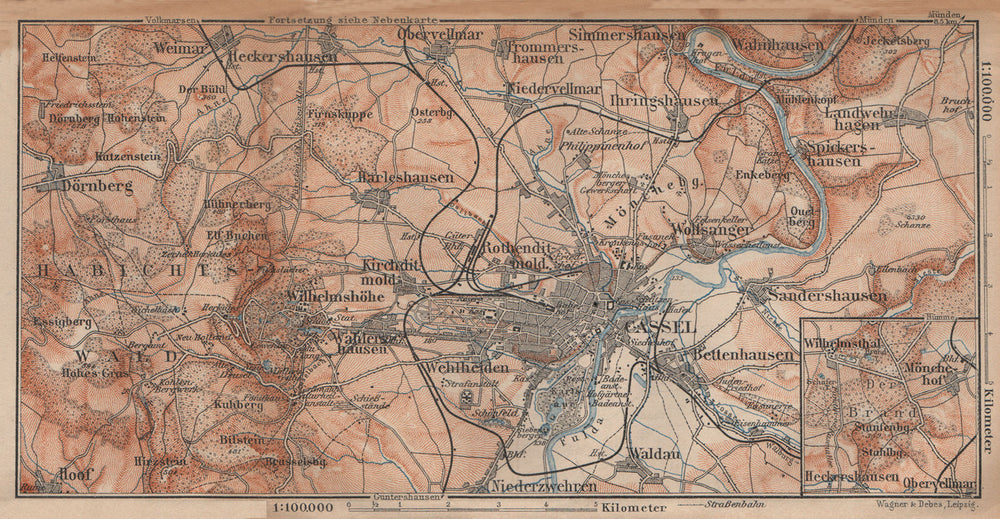KASSEL CASSEL & environs/umgebung. Hessen. Germany karte 1904 old antique map