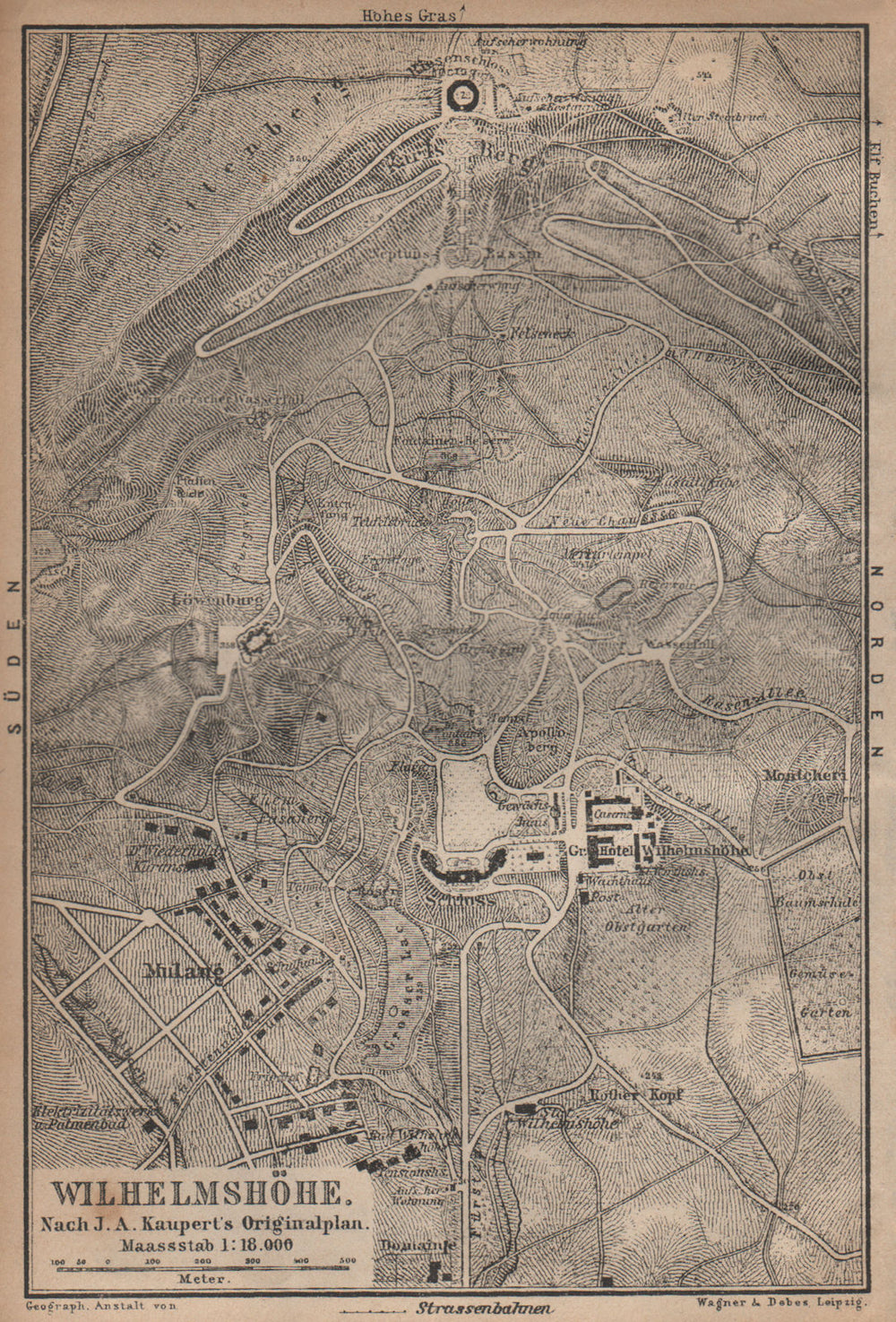 BERGPARK WILHELMSHÖHE. Kassel, Deutschland. Kaupert karte. BAEDEKER 1904 map