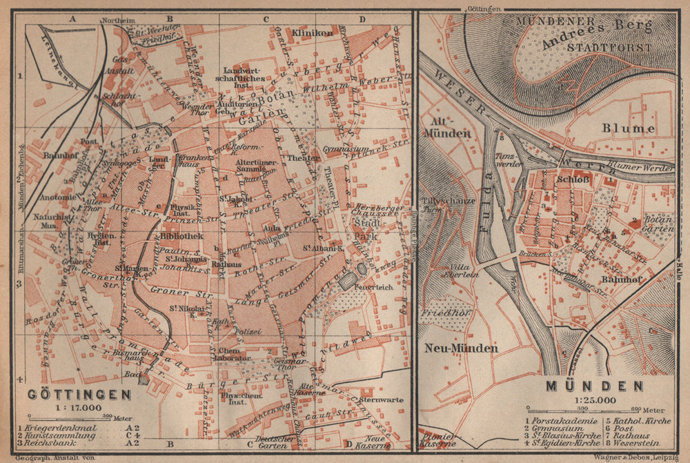 GÖTTINGEN & MÜNDEN antique town city stadtplans. Lower Saxony. BAEDEKER 1904 map