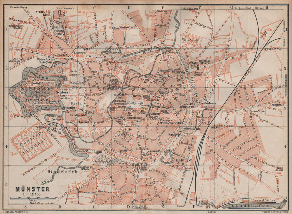 MÜNSTER antique town city stadtplan. Northrhine-Westfalia karte 1904 old map