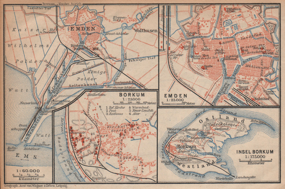 Insel BORKUM & EMDEN antique town city plan stadtplan. Lower Saxony 1904 map